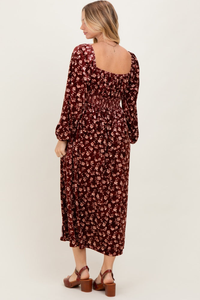 Burgundy Floral Velvet Smocked Midi Dress