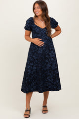 Navy Floral Jacquard Puff Sleeve Maternity Midi Dress