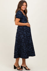 Navy Floral Jacquard Puff Sleeve Maternity Midi Dress