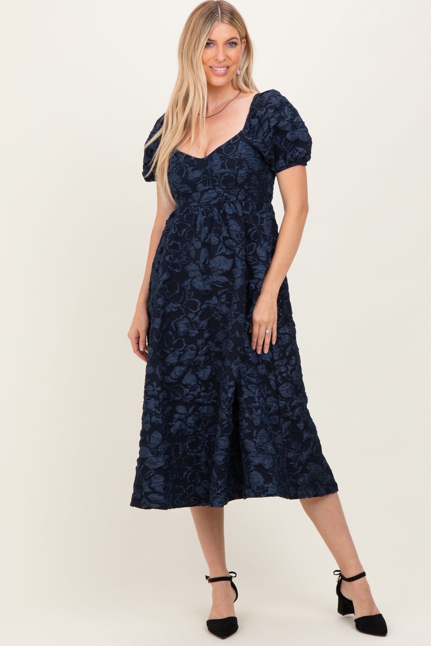 Navy Floral Jacquard Puff Sleeve Maternity Midi Dress