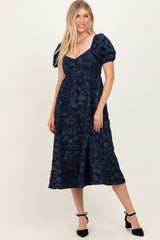 Navy Floral Jacquard Puff Sleeve Midi Dress