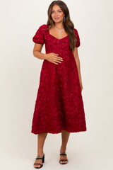 Red Floral Jacquard Puff Sleeve Maternity Midi Dress