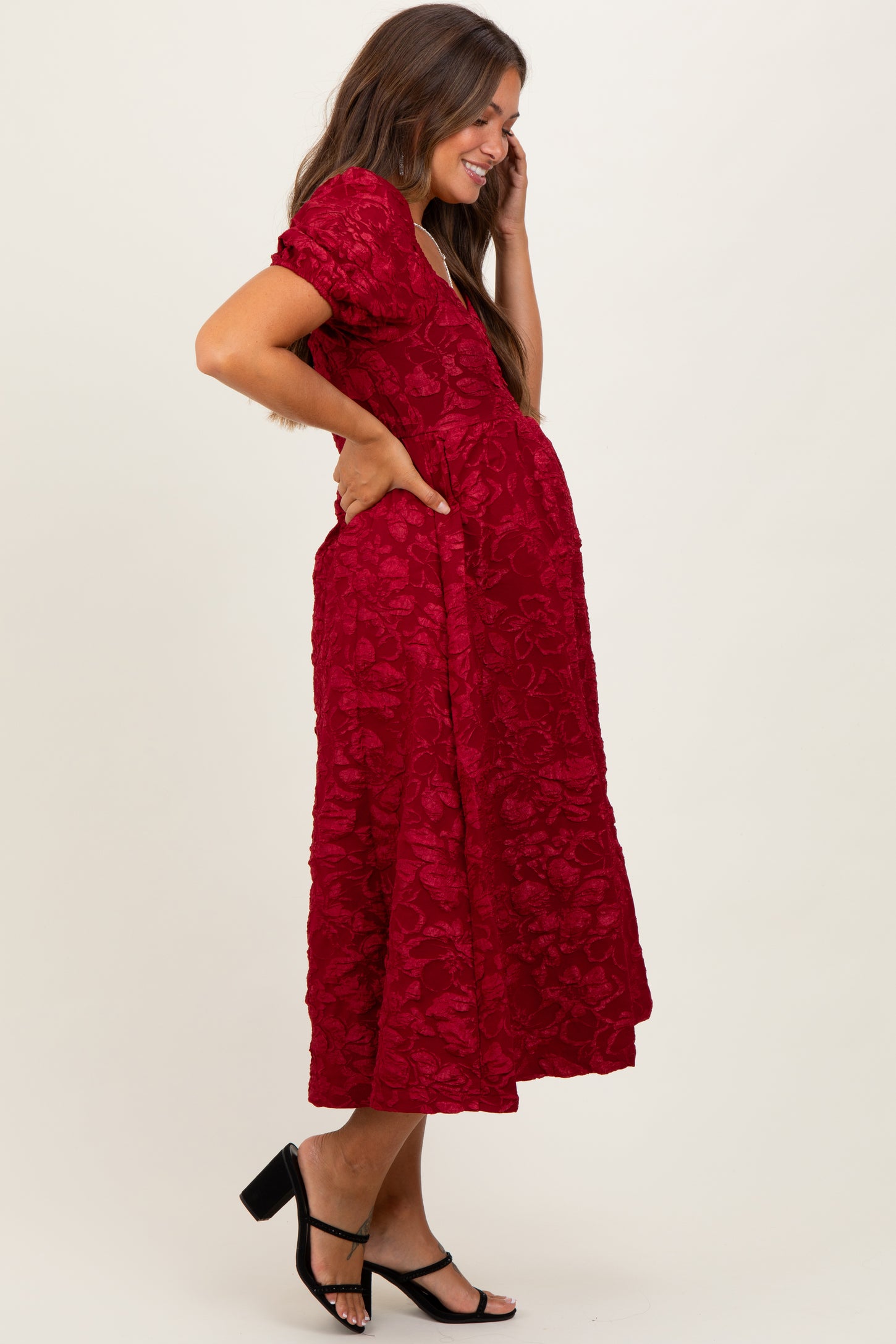 Red Floral Jacquard Puff Sleeve Maternity Midi Dress