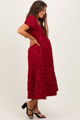 Red Floral Jacquard Puff Sleeve Maternity Midi Dress