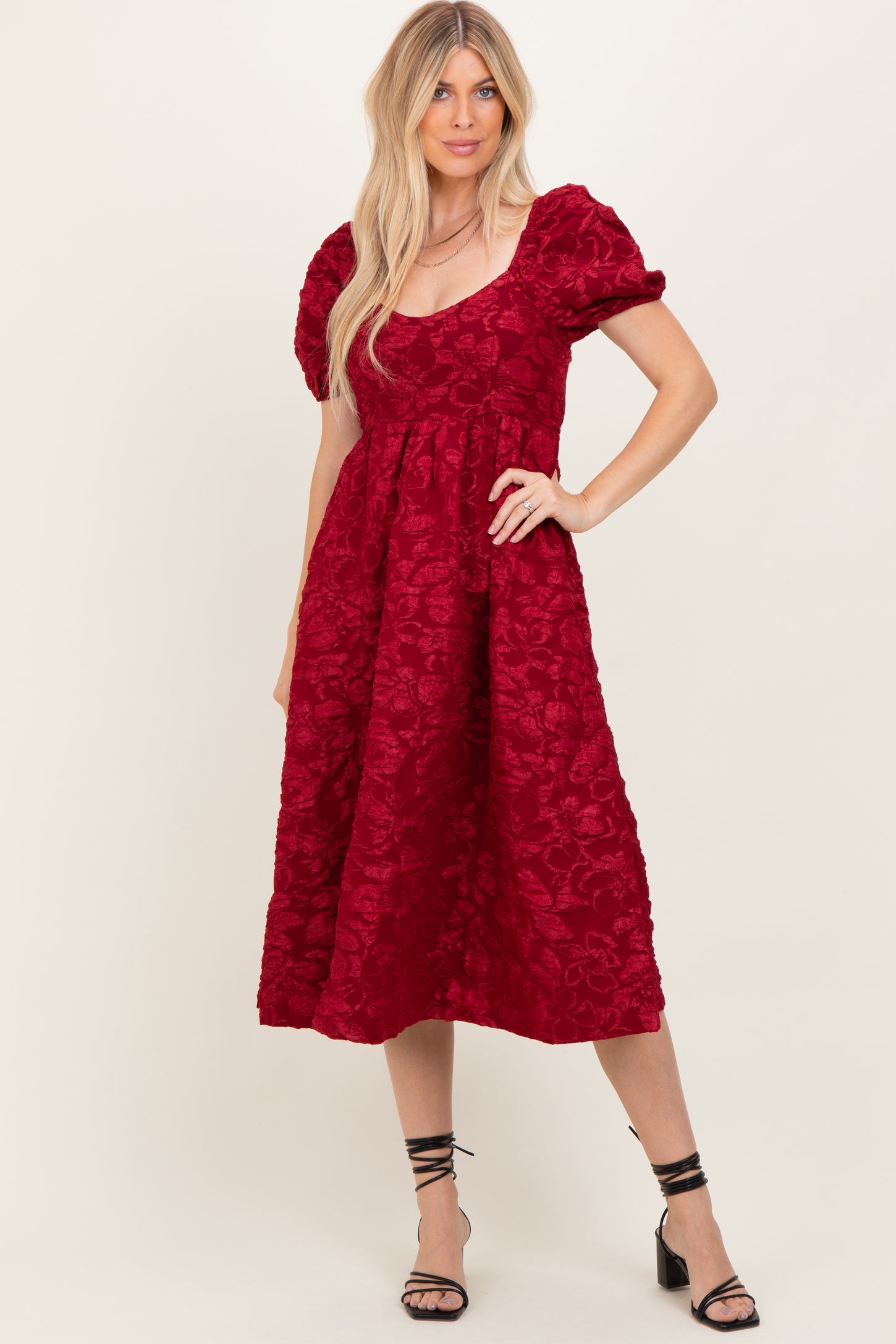 Red Floral Jacquard Puff Sleeve Midi Dress