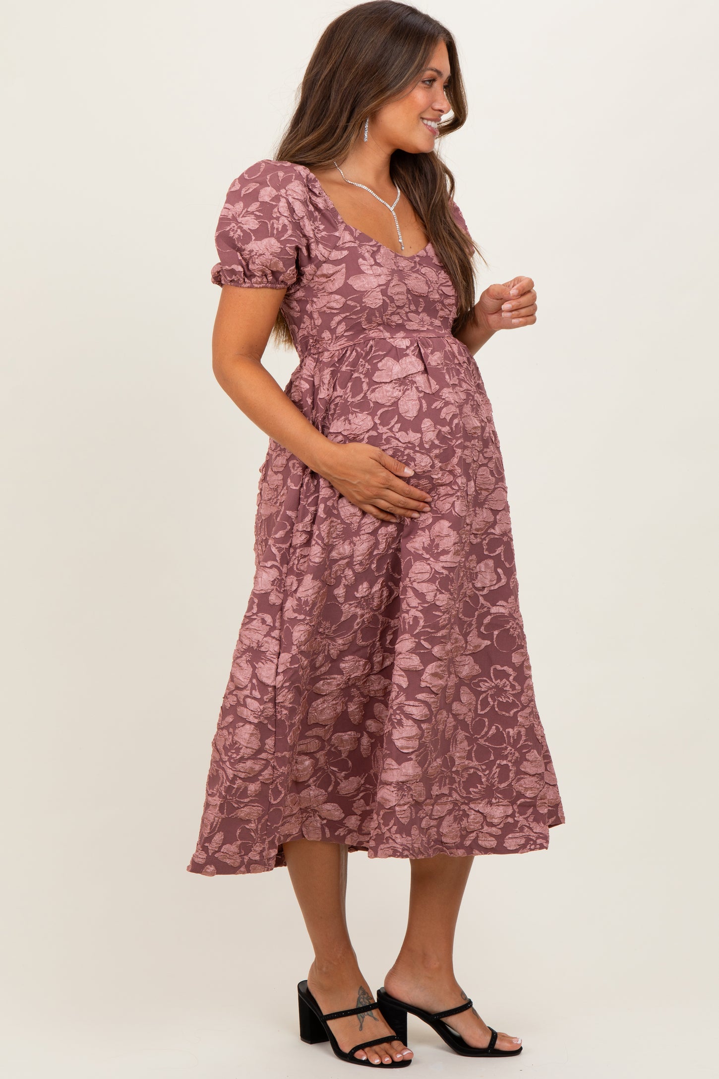 Mauve Floral Jacquard Puff Sleeve Maternity Midi Dress