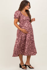 Mauve Floral Jacquard Puff Sleeve Maternity Midi Dress
