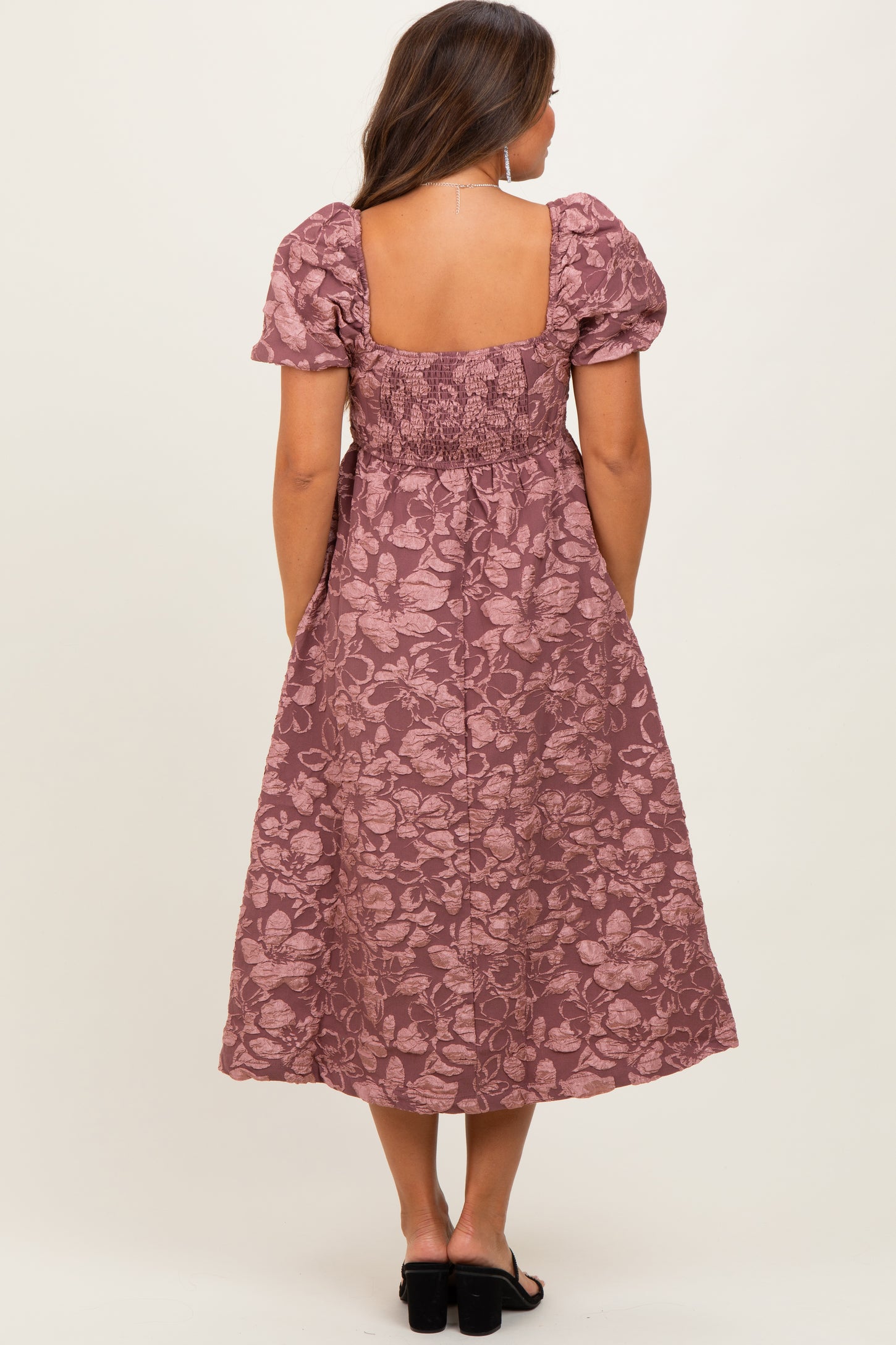 Mauve Floral Jacquard Puff Sleeve Maternity Midi Dress