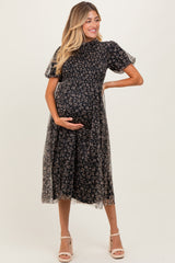 Black Floral Smocked Puff Sleeve Chiffon Maternity Midi Dress
