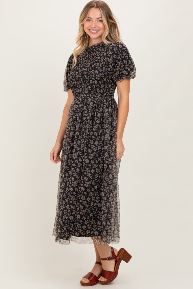 Black Floral Smocked Puff Sleeve Chiffon Midi Dress – PinkBlush