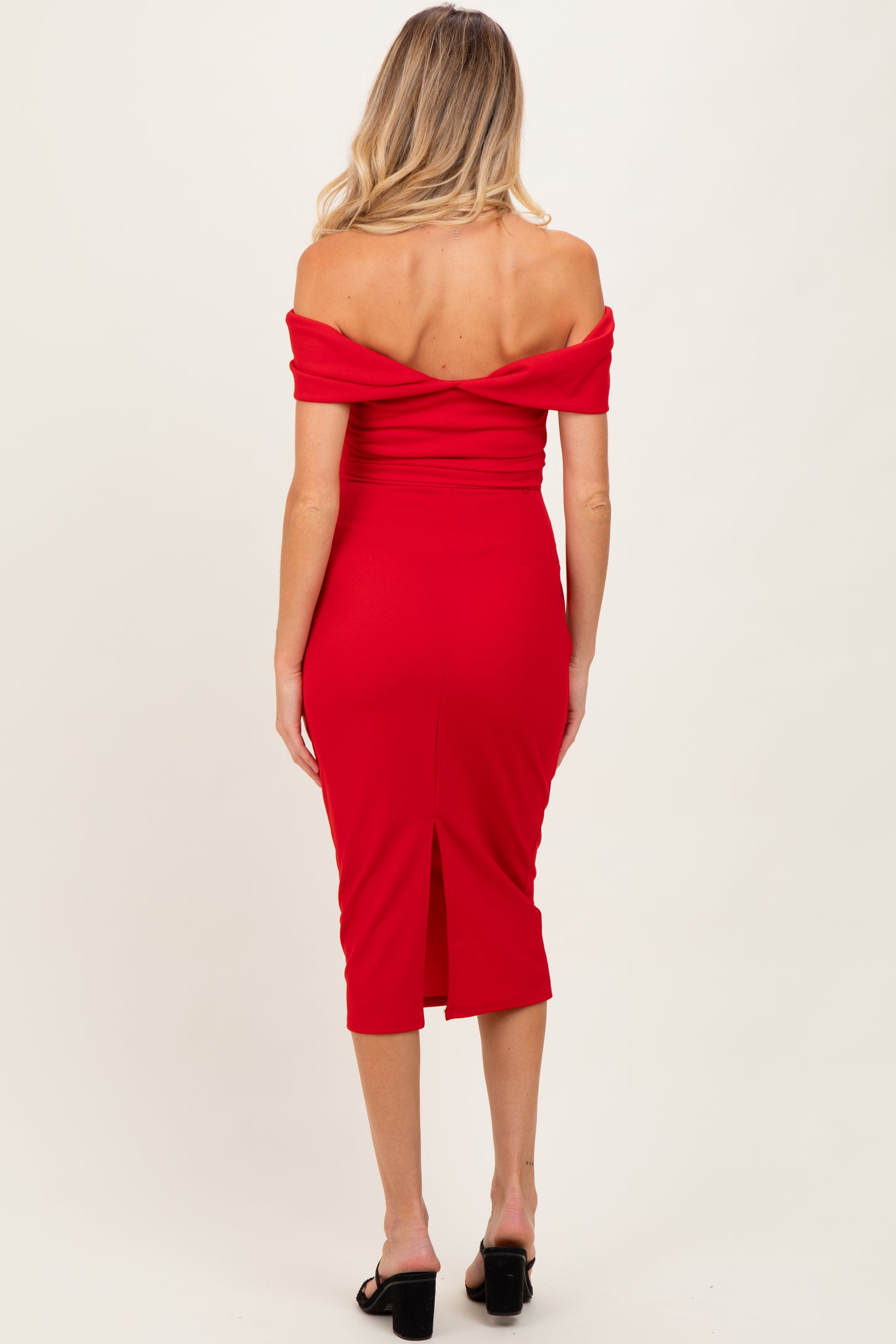 Red Off Shoulder Maternity Midi Dress