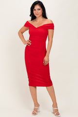 Red Off Shoulder Midi Dress