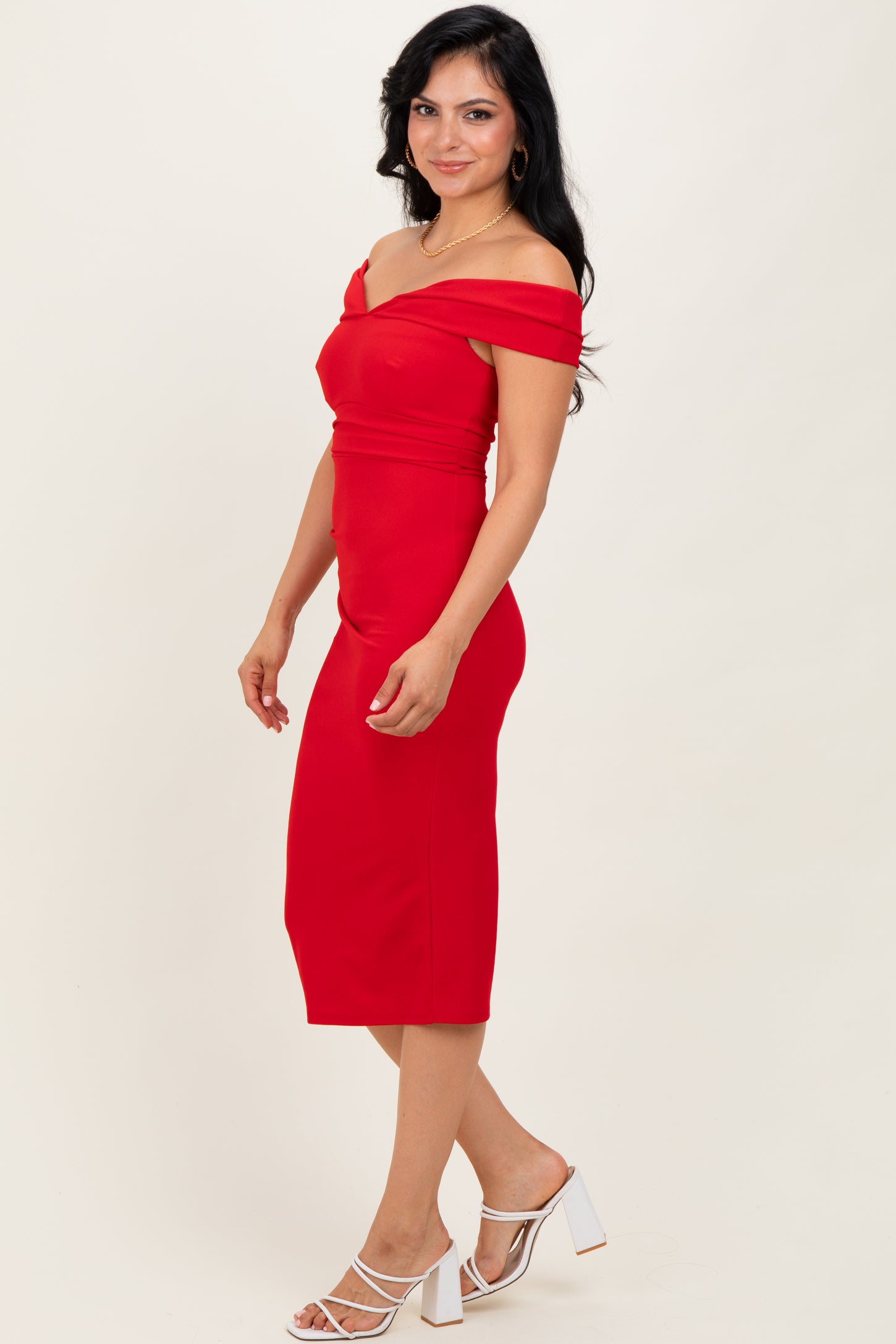 Red Off Shoulder Midi Dress