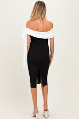 Black Oversized Bow One Shoulder Maternity Midi Dress