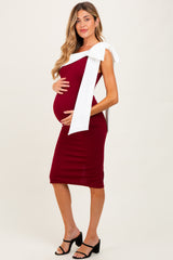 Burgundy Oversized Bow One Shoulder Maternity Midi Dress