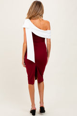 Burgundy Oversized Bow One Shoulder Maternity Midi Dress