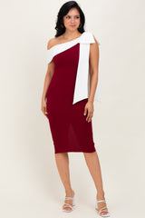 Burgundy Oversized Bow One Shoulder Midi Dress