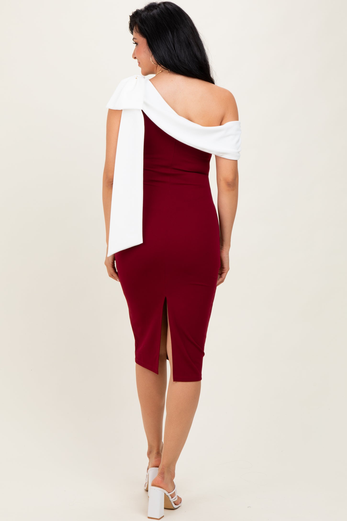 Burgundy Oversized Bow One Shoulder Midi Dress