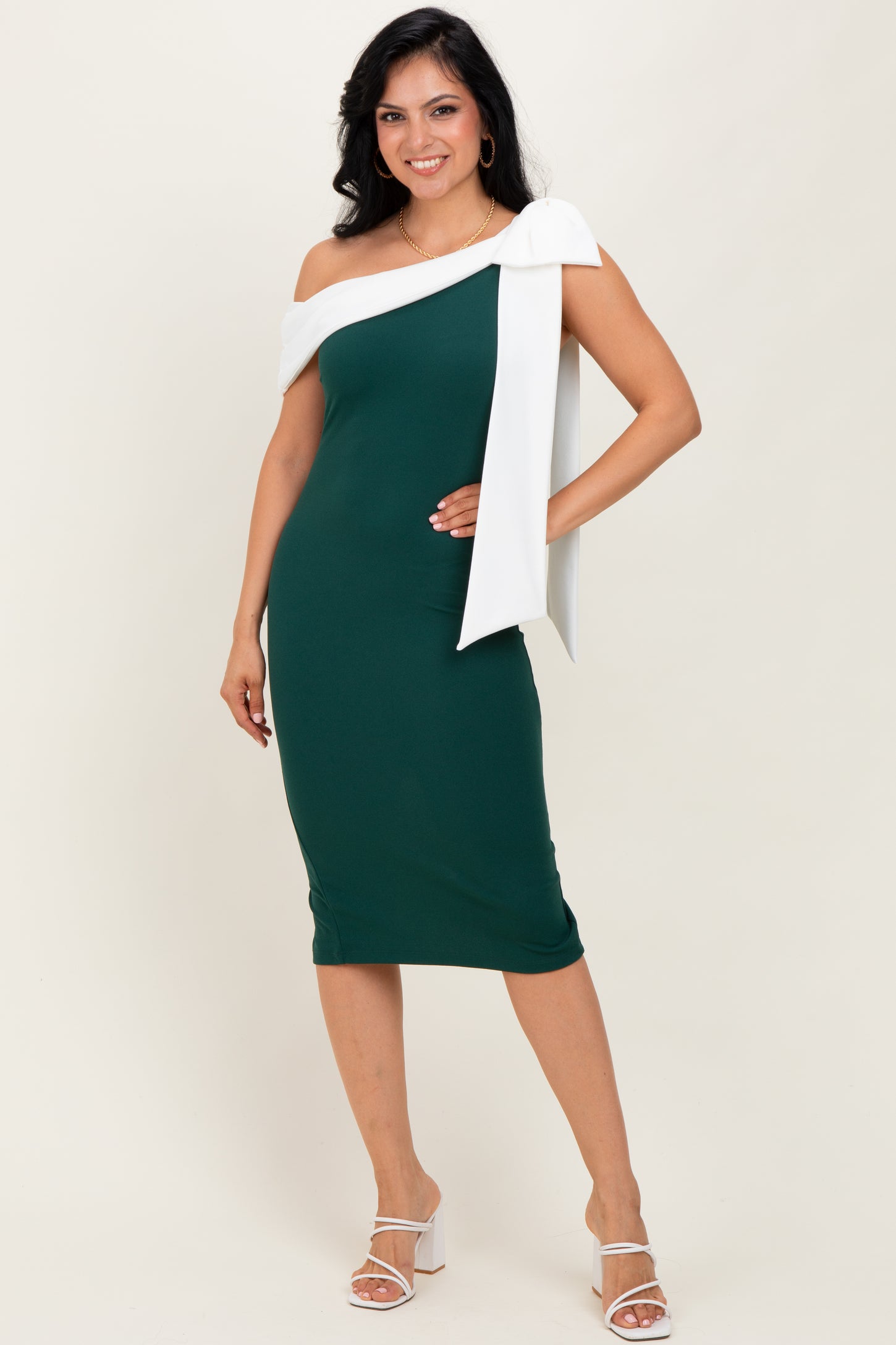 Forest Green Oversized Bow One Shoulder Maternity Midi Dress Forest Green Oversized Bow One Shoulder Maternity Midi Dress