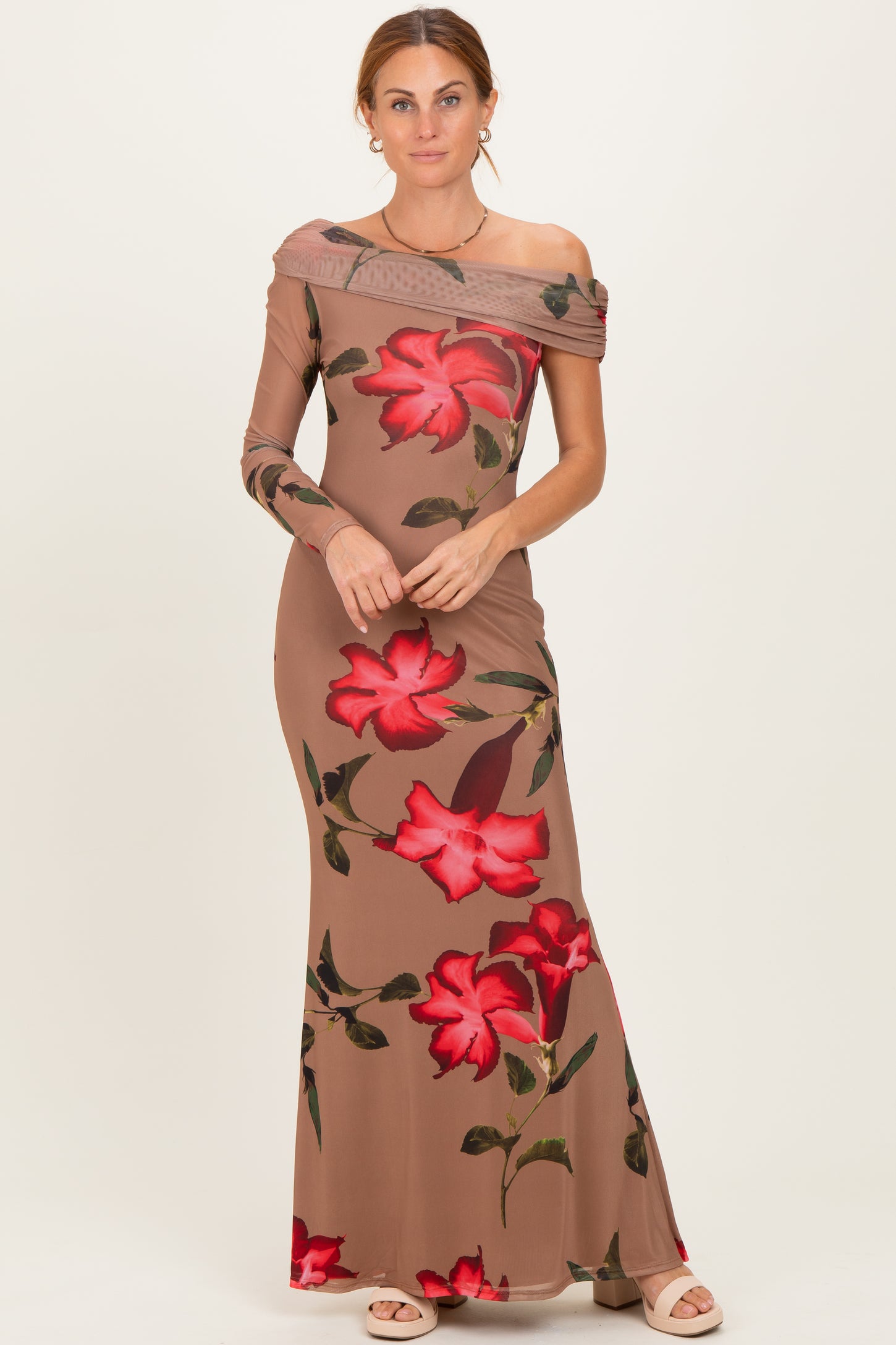 Mocha Floral Off Shoulder One Sleeve Maternity Maxi Dress