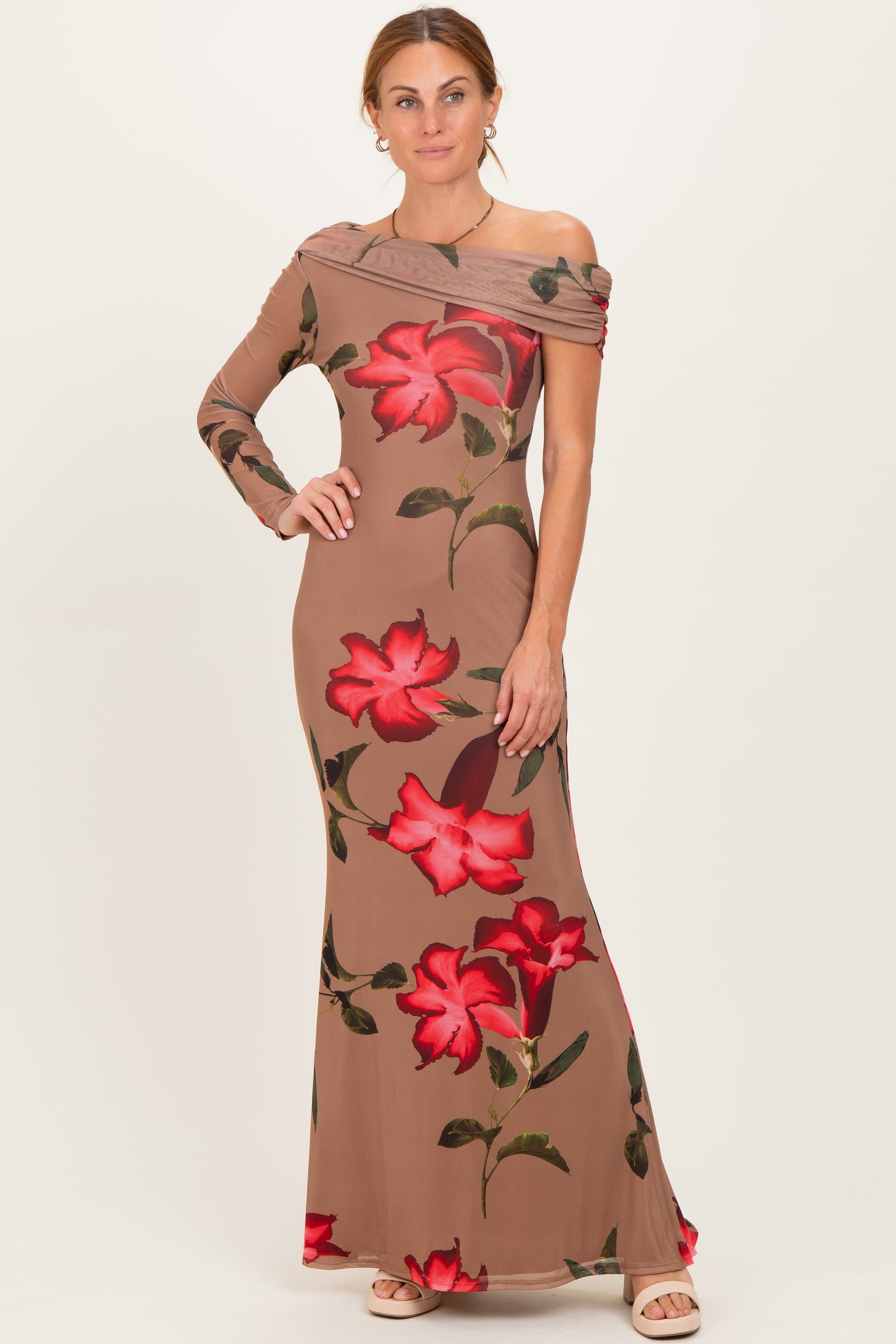 Mocha Floral Off Shoulder One Sleeve Maxi Dress