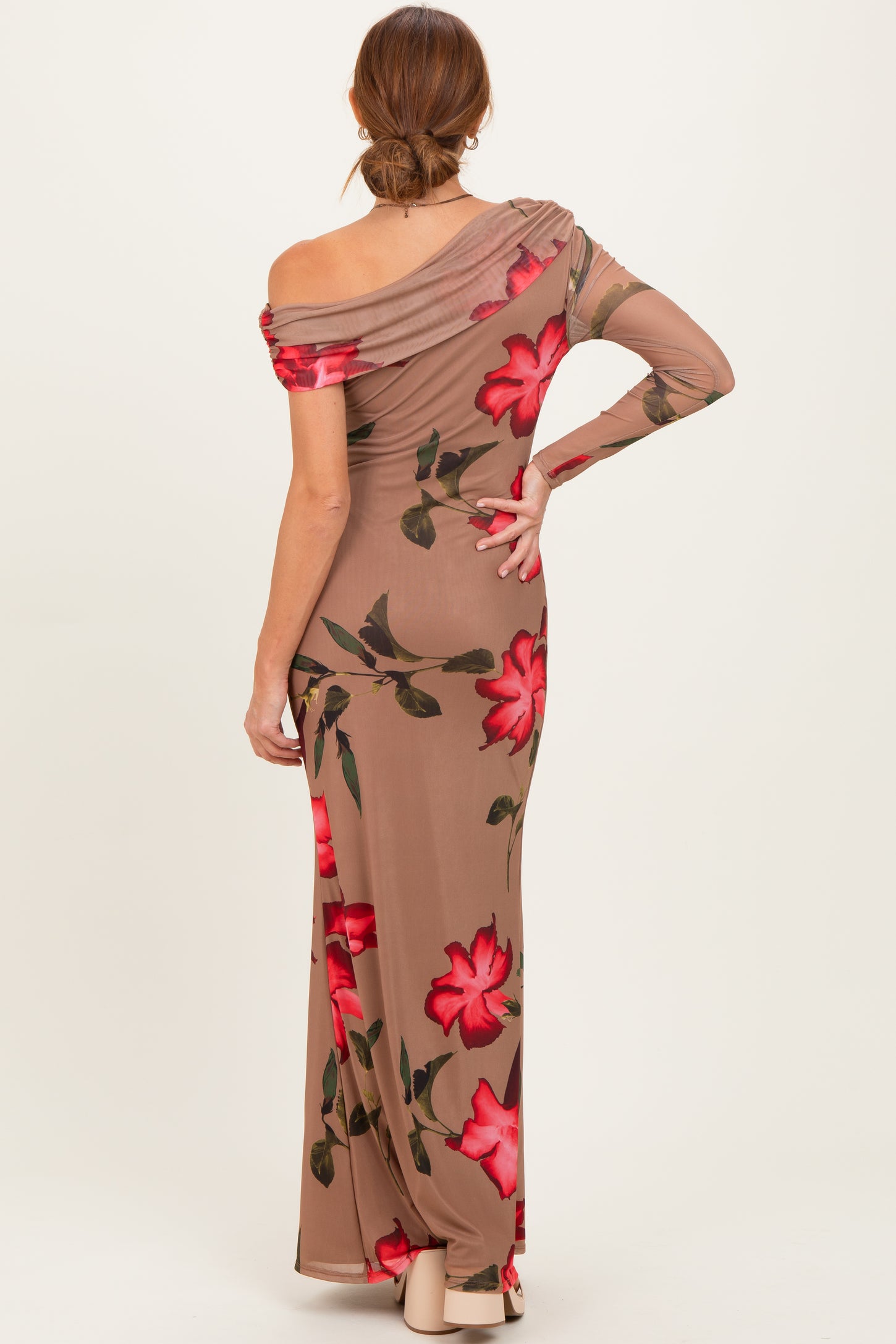 Mocha Floral Off Shoulder One Sleeve Maxi Dress