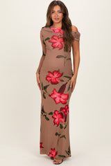 Mocha Floral Off Shoulder One Sleeve Maternity Maxi Dress