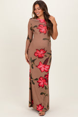 Mocha Floral Off Shoulder One Sleeve Maternity Maxi Dress