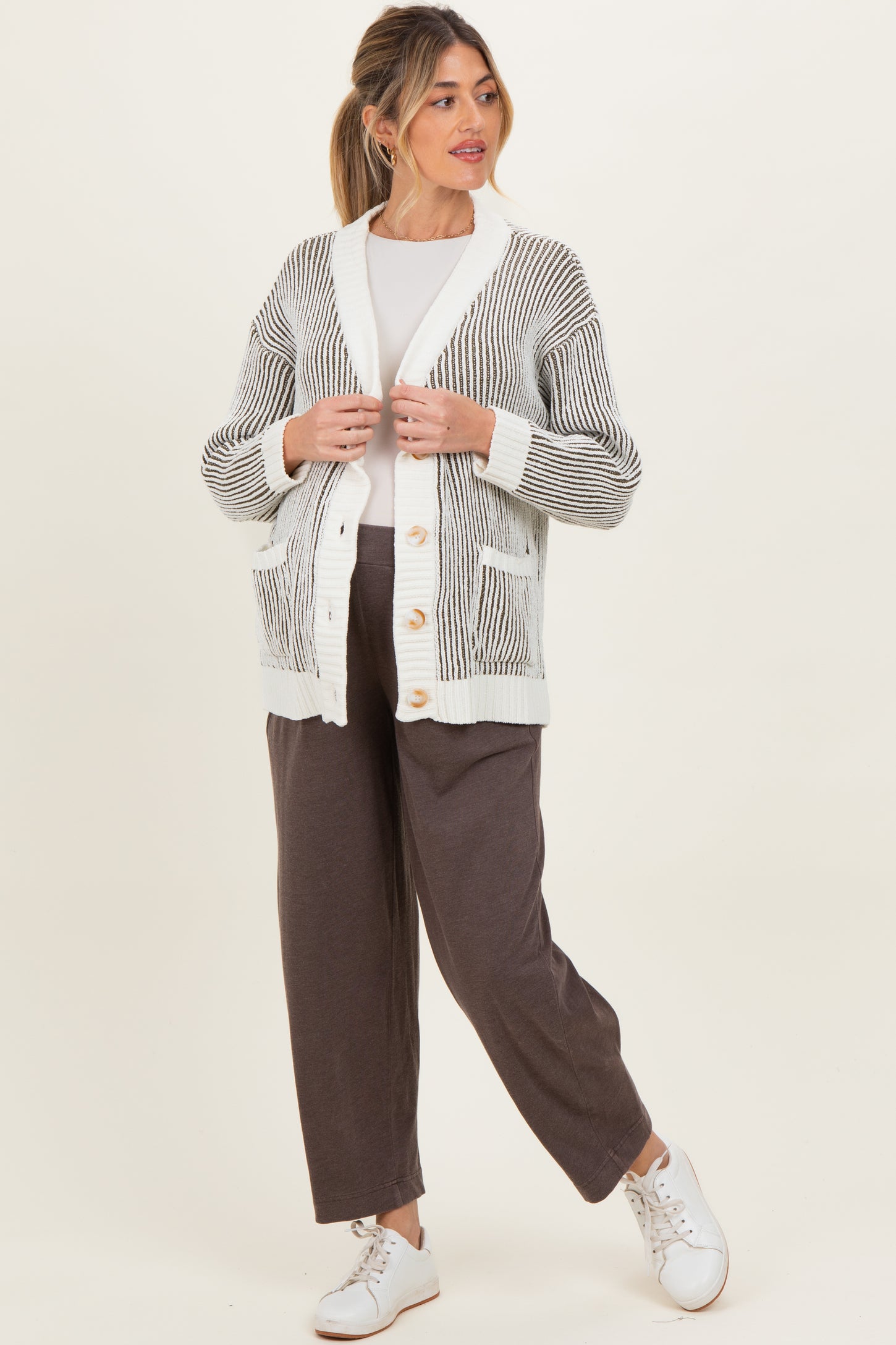 Olive Pocketed Button Front Maternity Cardigan