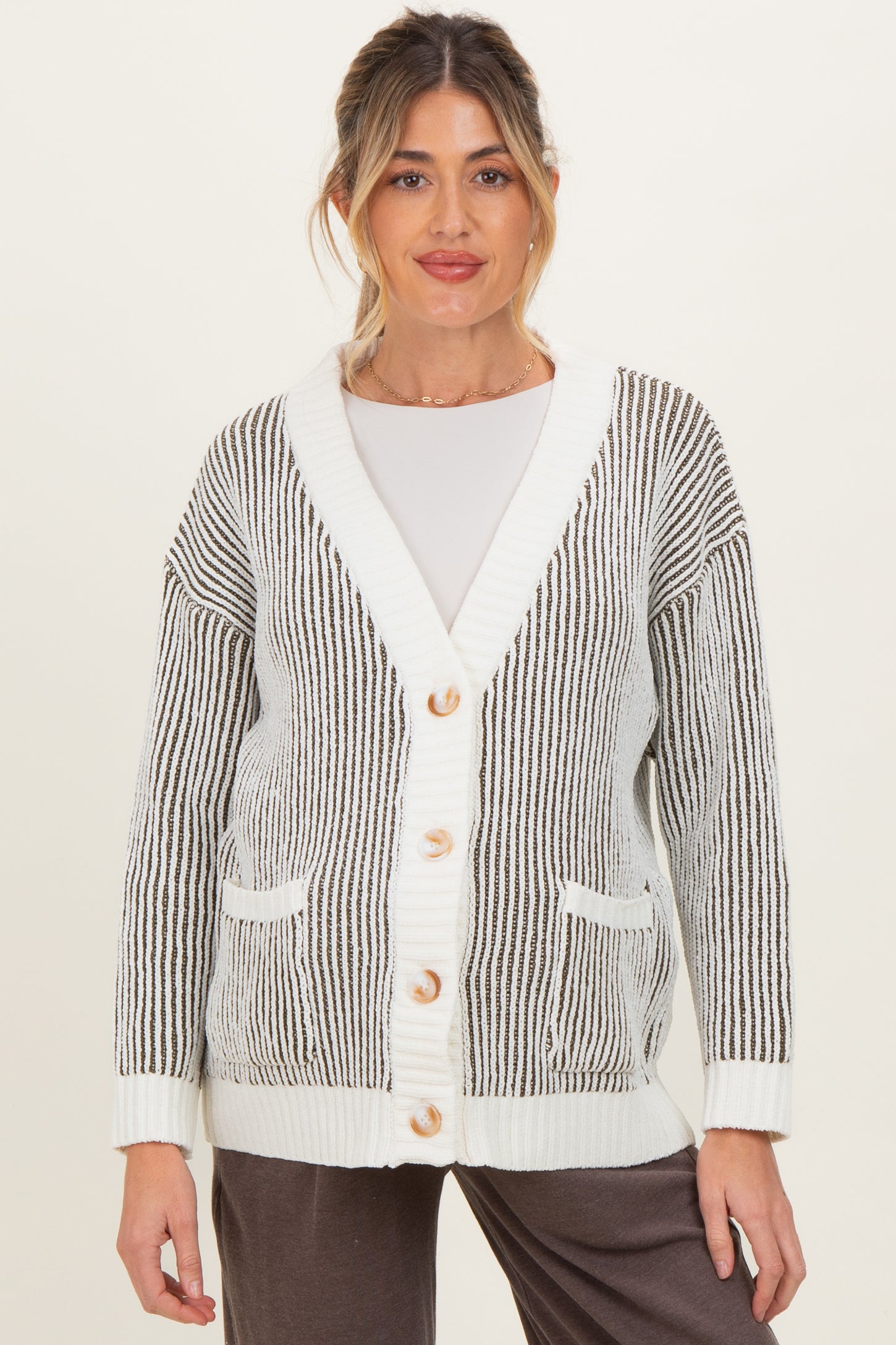 Olive Pocketed Button Front Maternity Cardigan