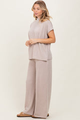 Cream Textured Rib Mock Neck Short Sleeve Pant Set