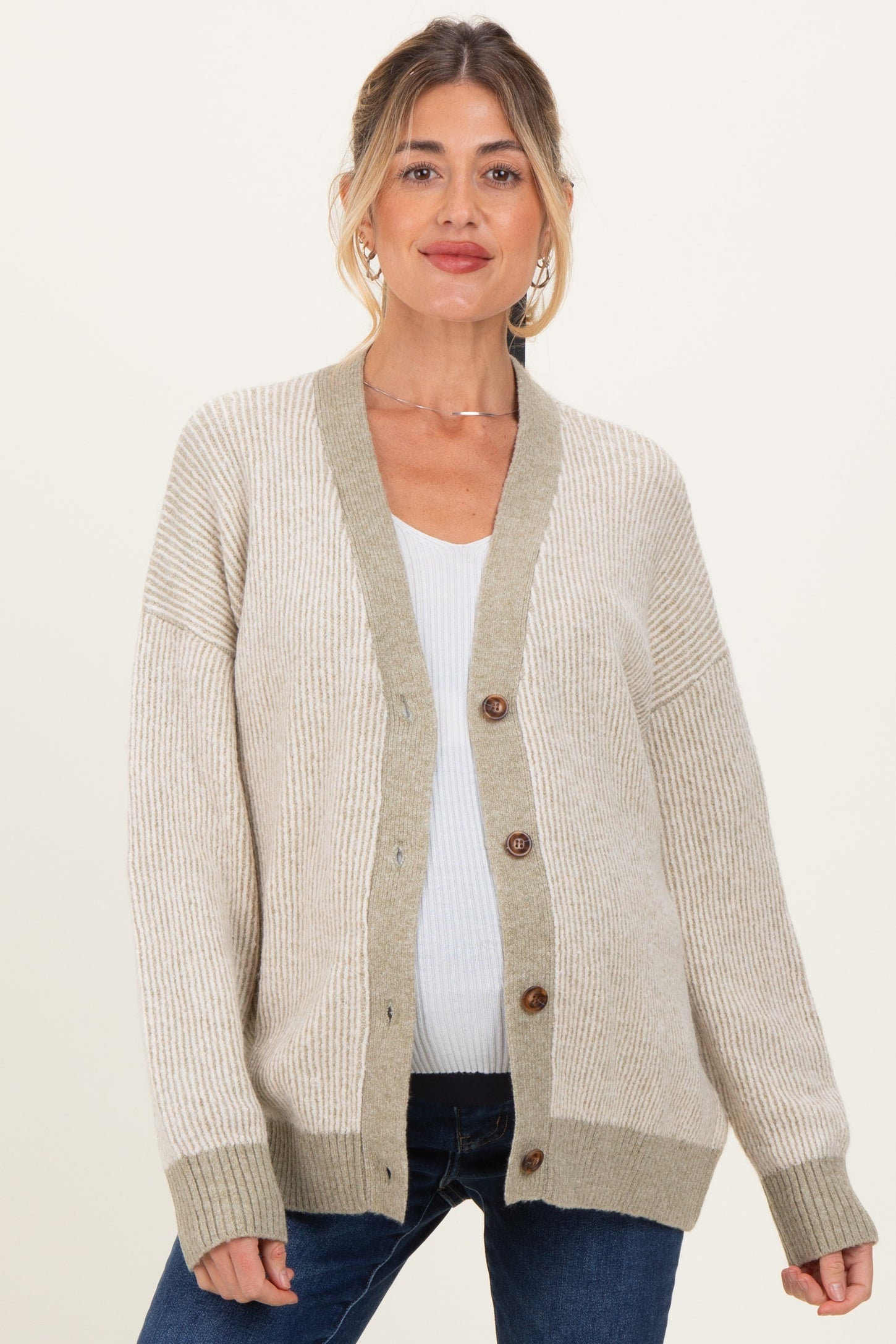 Light Olive Two-Tone Button-Down Maternity Cardigan