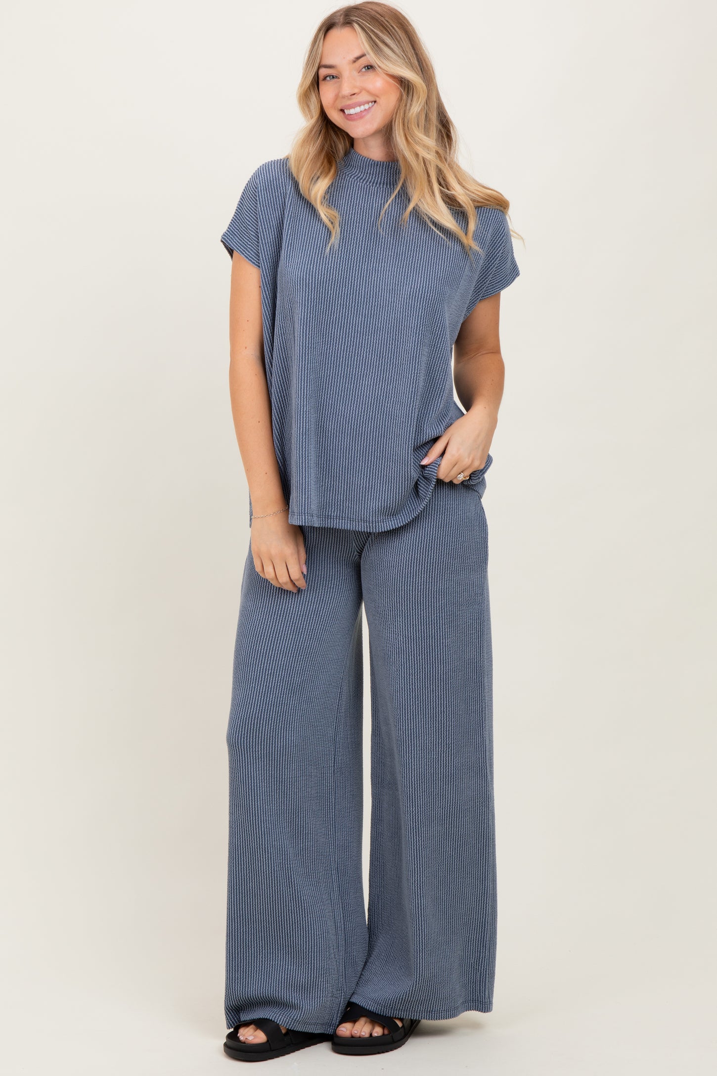 Blue Textured Rib Mock Neck Short Sleeve Pant Maternity Set