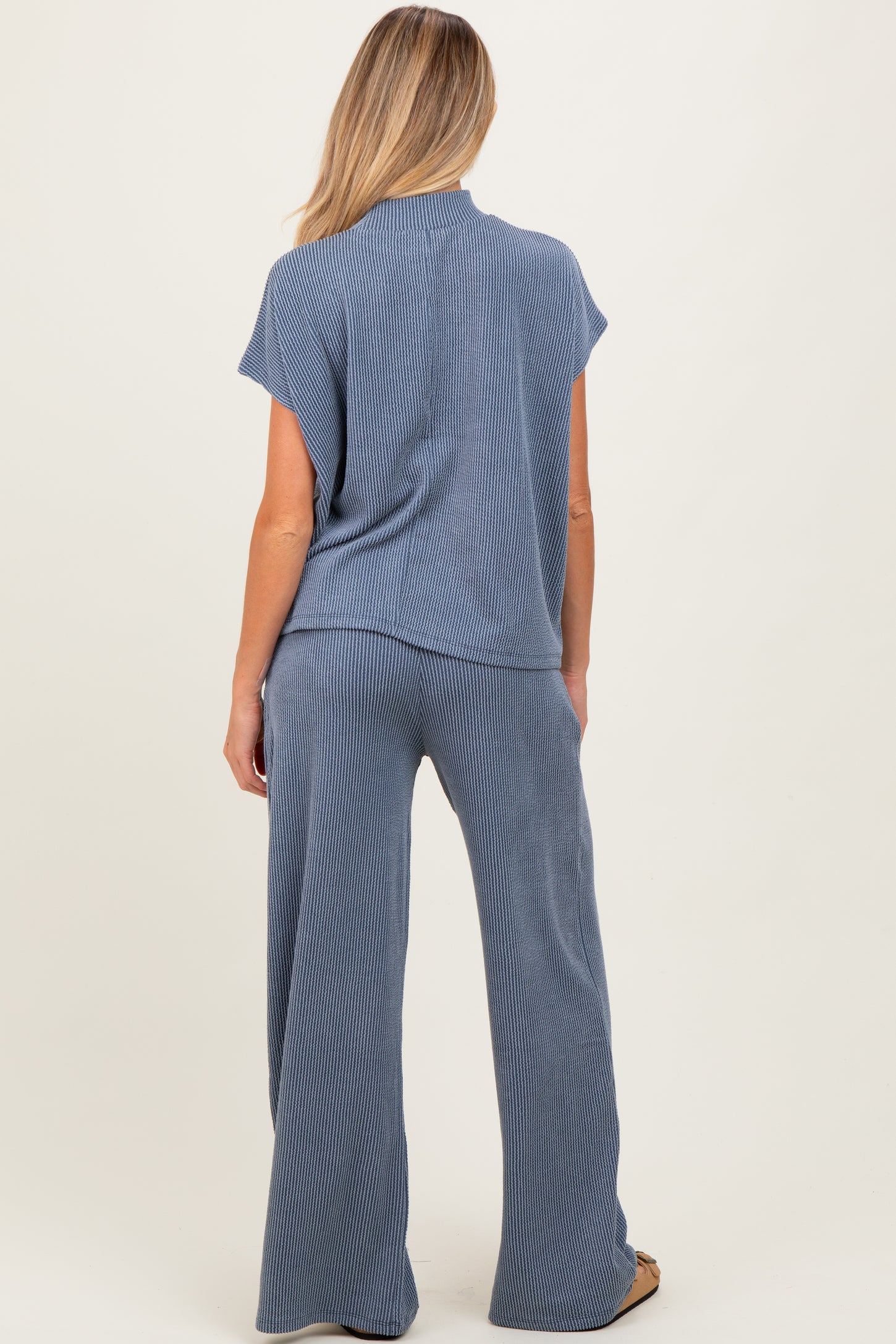 Blue Textured Rib Mock Neck Short Sleeve Pant Maternity Set