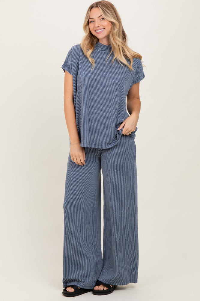 Blue Textured Rib Mock Neck Short Sleeve Pant Set