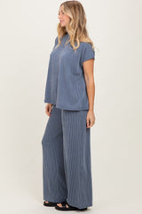 Blue Textured Rib Mock Neck Short Sleeve Pant Set