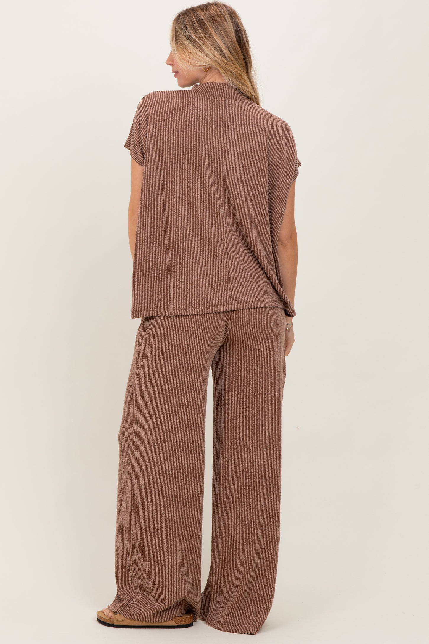 Mocha Textured Rib Mock Neck Short Sleeve Pant Set