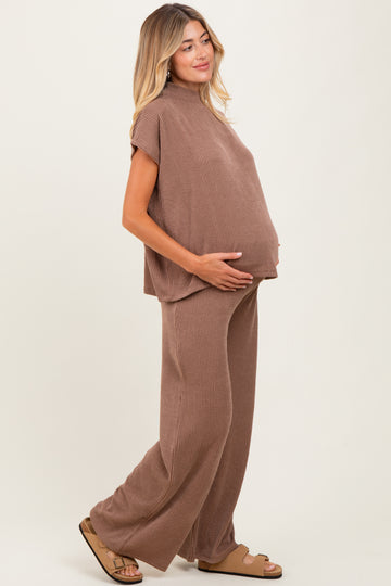 Mocha Textured Rib Mock Neck Short Sleeve Pant Maternity Set