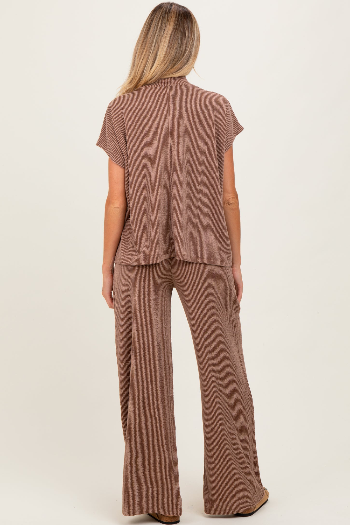 Mocha Textured Rib Mock Neck Short Sleeve Pant Maternity Set