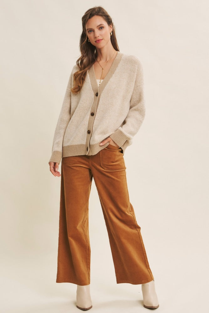 Taupe Two-Tone Button-Down Cardigan