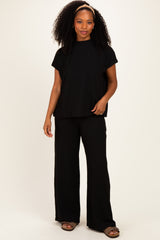 Black Textured Rib Mock Neck Short Sleeve Pant Set