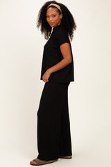 Black Textured Rib Mock Neck Short Sleeve Pant Set