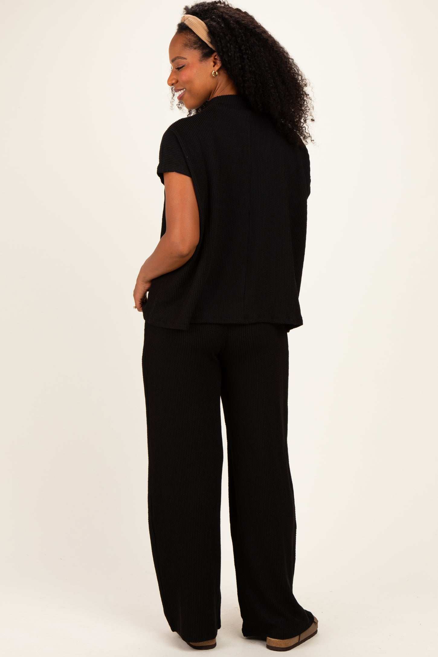 Black Textured Rib Mock Neck Short Sleeve Pant Set
