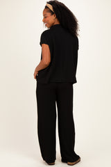 Black Textured Rib Mock Neck Short Sleeve Pant Set