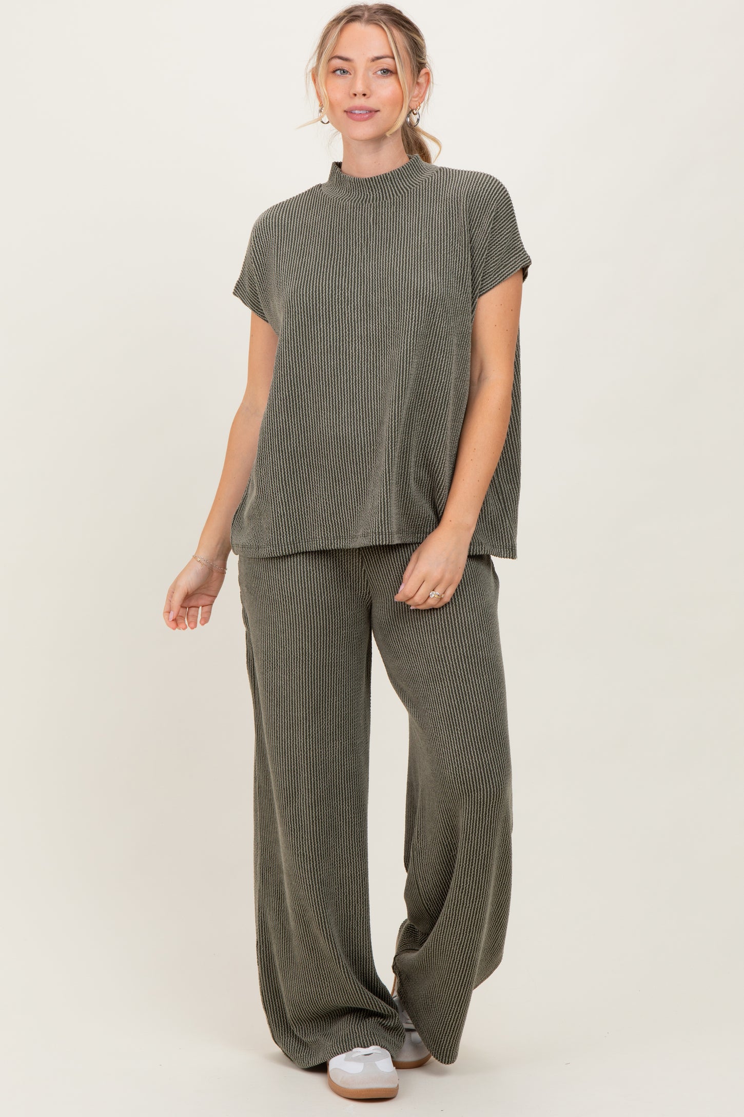 Olive Textured Rib Mock Neck Short Sleeve Pant Set