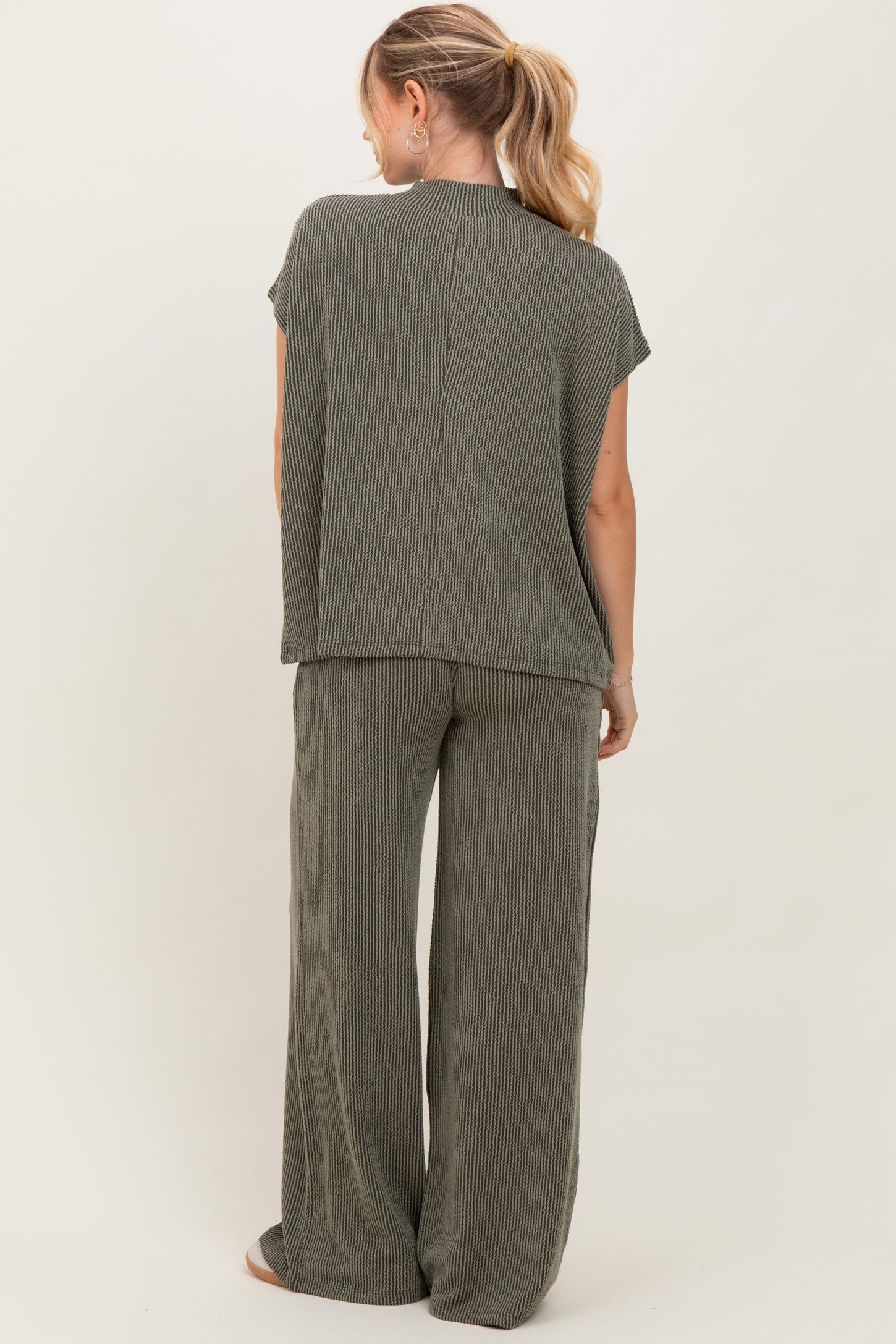 Olive Textured Rib Mock Neck Short Sleeve Pant Set