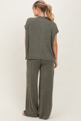 Olive Textured Rib Mock Neck Short Sleeve Pant Set