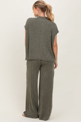 Olive Textured Rib Mock Neck Short Sleeve Pant Set