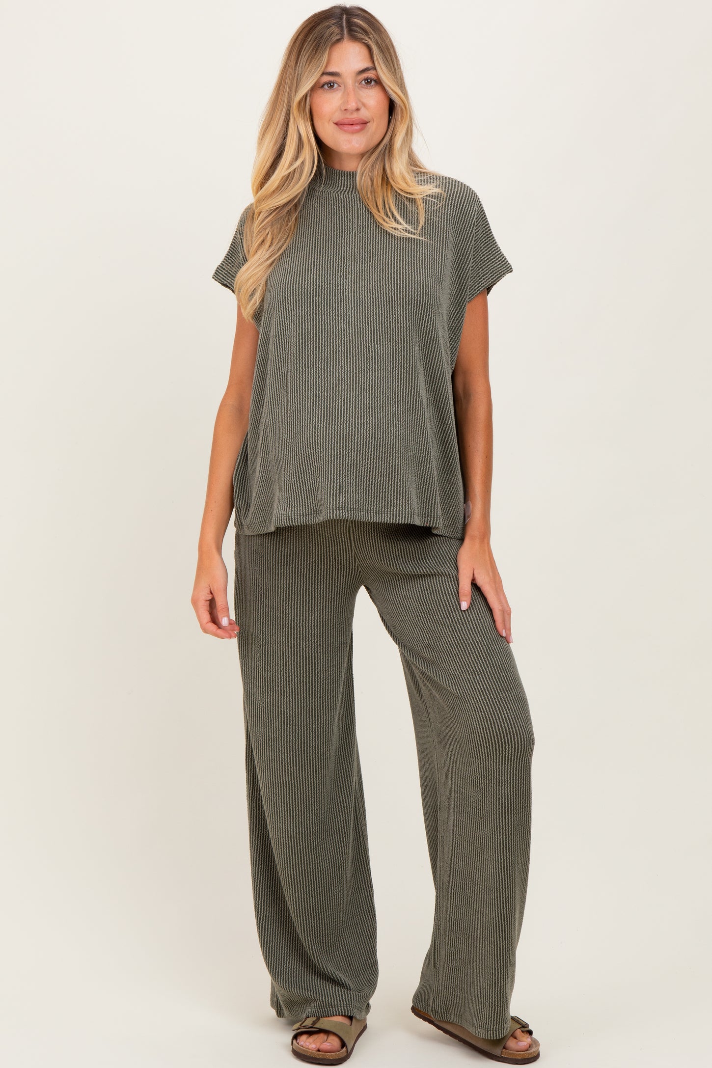 Olive Textured Rib Mock Neck Short Sleeve Pant Maternity Set