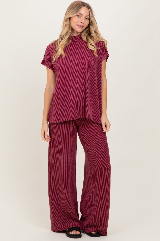 Burgundy Textured Rib Mock Neck Short Sleeve Pant Set